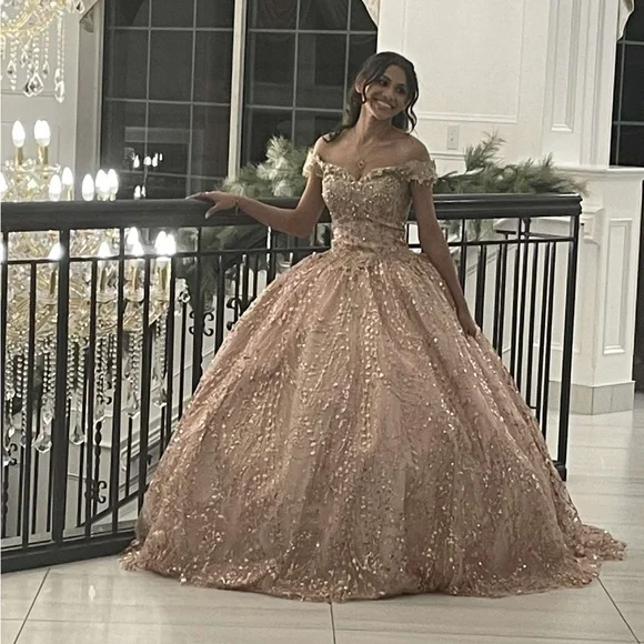 brown sweet 16 dress Gold Quinceanera Dresses Ball Gown Tulle Appliques Sweet 16 Birthday P   Hebebridal
